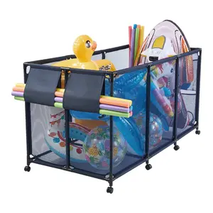 Pool Storage Bin 69 x 32 x 35 In, Rolling Pool Float Storage Organizer With Side Pockets And Noodles Holder, Durable Metal Frame, Breathable Mesh Basket For Poolside Toys, Swimming Pools, Easy Access And Cleanup