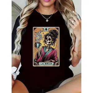 La Bruja Skull Graphic T-Shirt - Mexican Day of the Dead Inspired Vintage Tee with La Bruja Text, Soft Crew Neck Short Sleeve Shirt for Women & Men