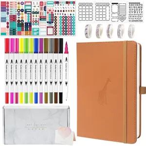 Y&I  Dotted Journal Kit, A5 Hardcover Dotted Journal Notebook with 184 Numbered Pages, 120GSM Thick Paper, Stencils Stickers Pens Washi Tapes, Dotted Journaling Kit for Beginners (Brown)