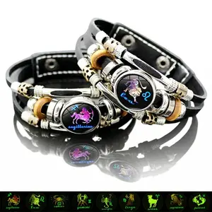 Glow-in-the-Dark 12 Leather Zodiac Bracelet for Men and Women(6.9/8.1in) Constellation Horoscope Jewelry Adjustable Strap Vintage Wrap Design Ideal Gift for Astrology Lovers