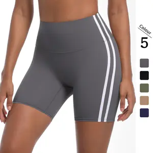 New striped fitness tight high-waisted peach-colored three-quarter shorts with contrasting colors, breathable sports running yoga shorts for women
