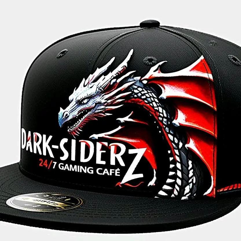 Dark-Siderz 24/7 Gaming Cafe Custom Designed Fitted Baseball Caps with Dragon Design and Logo, Black Color, Front Pocket
