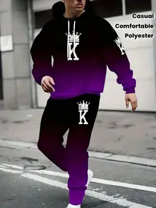 Men's Crown Print Hoodie Set, Design, Long Sleeve Pullover, Drawstring Pocket, Fall Winter Casual Wear