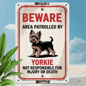 1pc Vintage Beware Area Patrolled by Yorkie Dog Metal Tin Sign - Humorous Warning Wall Decor with Yorkshire Terrier Design, Durable Metal Indoor/Outdoor Decoration for Home, Bedroom, Bathroom, Dorm, Indoor Outdoor Sign, Playful