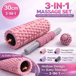 3-Piece Foam Roller Set, Hollow Foam Roller 30cm, Massage Stick & Massage Ball, Deep Tissue Texture, Pilates Yoga Roller Kit for Back Legs Feet, Home Gym Workout Recovery Equipment