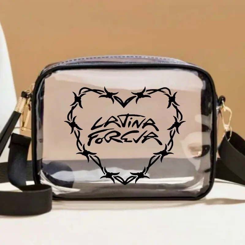 Custom Latina Foreva Viajando Tour Clear Casual Crossbody Bag With Removable Black Strap, Gold Accents,  concert & stadium approved Purses
