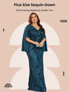 【Plus Size】 Embroidery Sequins Open Abaya Dress, Elegant Ditsy Floral Print Batwing Sleeve Maxi Dress for Evening Party, Women's Plus Clothing for Spring & Fall