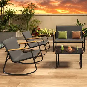 4 Pieces Patio Furniture Set Textilene Outdoor Conversation Set with 2 Rocking Chairs and Tempered Glass Coffee Table for Lawn Garden Balcony Poolside