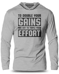 053. DOUBLE GAINS Lightweight Workout Long Sleeve Hooded Gym T-shirt for Men Cotton Menswear