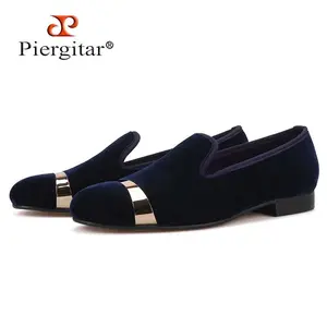 new style Handmade men navy velvet shoes with gold metal on shoes toe fashion party wedding and banquet male loafers