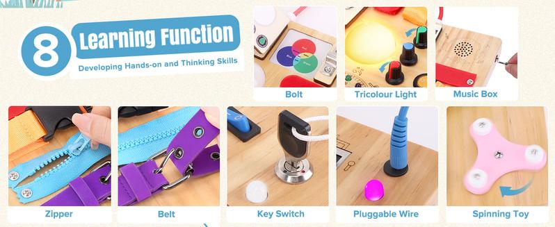 Hoarosall 23 in 1 Toddler Busy Board Montessori Toys for 1-3 Year Olds with 15 Switches 26 LED Lights Music Box Locks Zippers Sensory Playset for Infants