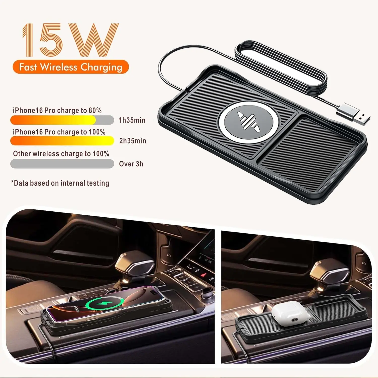Wireless Car Charger, 15w Fast Charging Pad, Non-Slip Design, Magnetic Phone Charger, Compatible with iPhone 17/16/15/14/13/12 Pro Max, Android Devices, 100cm Cable Included, USB Car Charger