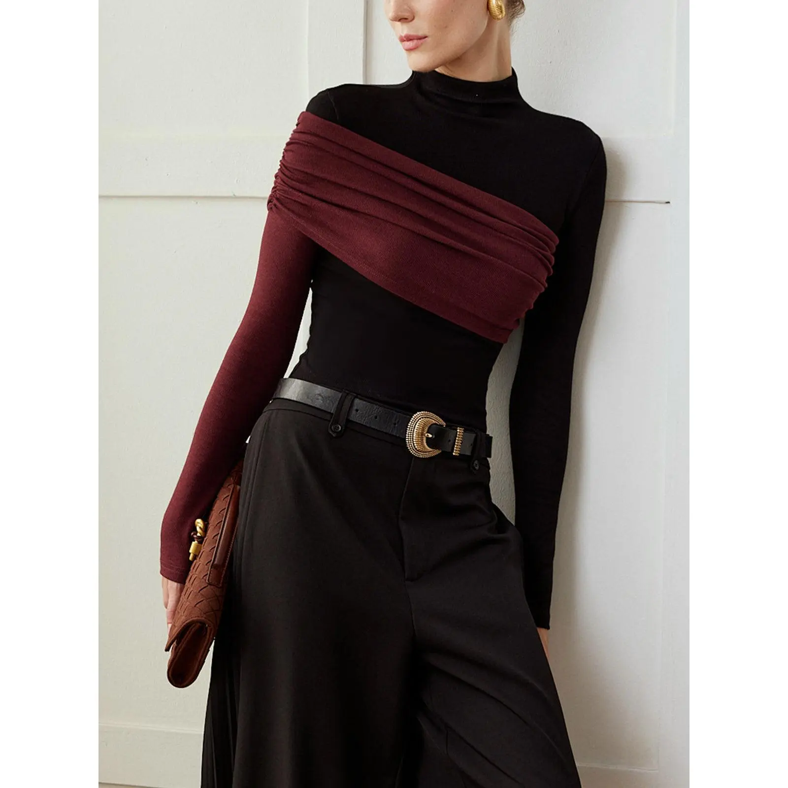 COMMENSE Lady's Colorblock Pleated Jersey Slim Fit Top, Casual Women's Blouse COMMENSE Lady's Colorblock Pleated Jersey Slim Fit Top, Casual Women's Blouse