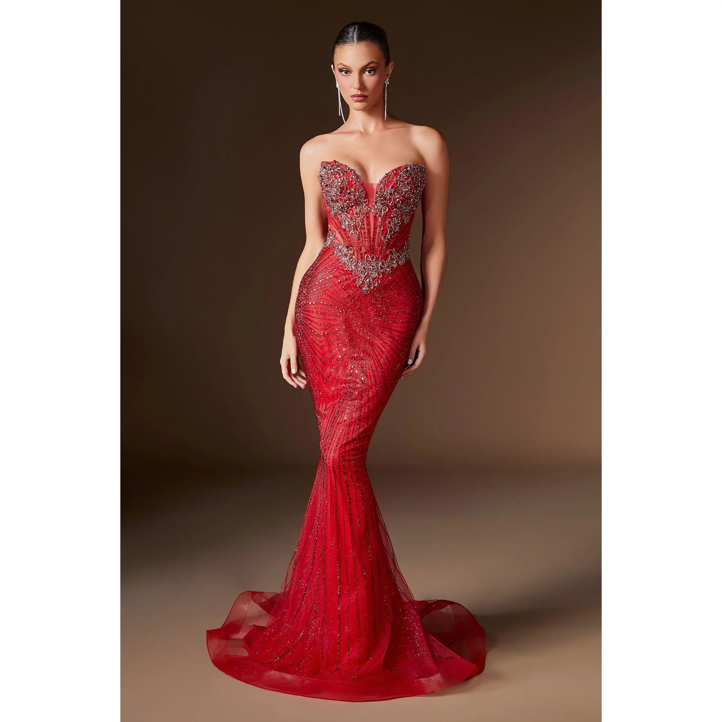 Ladivine KV1129 Lady's Fitted Strapless Sweetheart Neck Sleeveless Formal Evening Maxi Gown - Soft Fabric, Crystal Linear Crystals, Elegant Dresses for Prom, Formal Wear Events, Lace Up, Outfit Of The Night, Night Out, Full Length, Soft Fit, Linear Beads