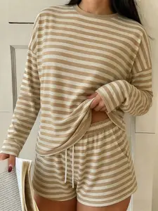 tiktokshopspringglowup Cozy Striped Loungewear Set | Soft Beige Stripe Pajamas | Long Sleeve Top + Shorts | Comfy Casual Homewear for Women | Lightweight & Breathable | Perfect for Lounging