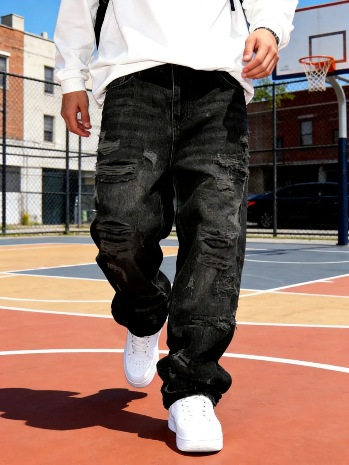 Men's High Street Korean Style Patched Patchwork Ripped Wide Leg Denim Jeans, Casual Loose Fit Straight Leg Pants, Trendy Cool Streetwear Design