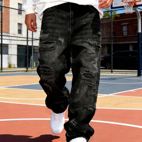 Men's High Street Korean Style Patched Ripped Baggy Wide Leg Denim Jeans, Casual Loose Fit Straight Leg Pants, Trendy Cool Streetwear Design