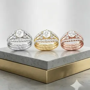 Engraved "I Love You Today Tomorrow Always" CZ Ring Set, Gold Plated Promise Wedding Band marquise engagement outdoorfun