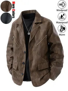 New Men's Casual Fashion Loose-Fit Mid-Length Leather Blazer Windproof, Warm, Waterproof, Durable, Washable, Distressed Finish Business-Style Trench Coat Jacket Ideal for Daily Commuting, Outdoor Adventures, Hiking, and Fishing Outfits
