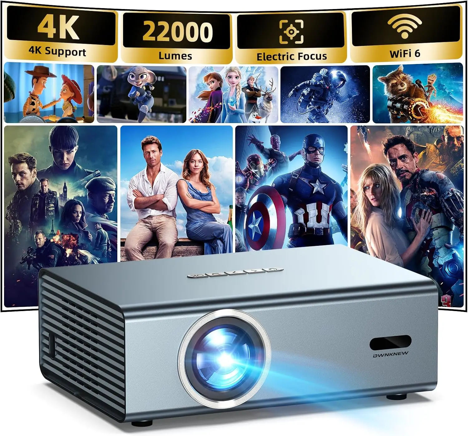 4K Support Projector with WiFi6, Bluetooth 5.3, Auto Keystone Correction - Outdoor Video, Gaming & Movie Use Projector