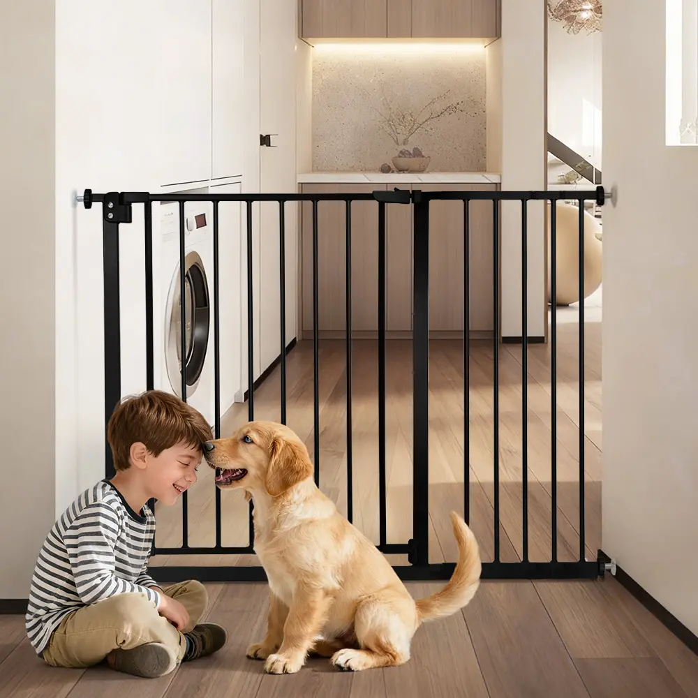 DOMIPET 29.5-46" Pet Gate for Stairs and Doorway, Extra Wide Metal Cat Gate, Auto Close Dog Gate for House, Pressure Mounted Easy Walk Through (30" Tall, Black)