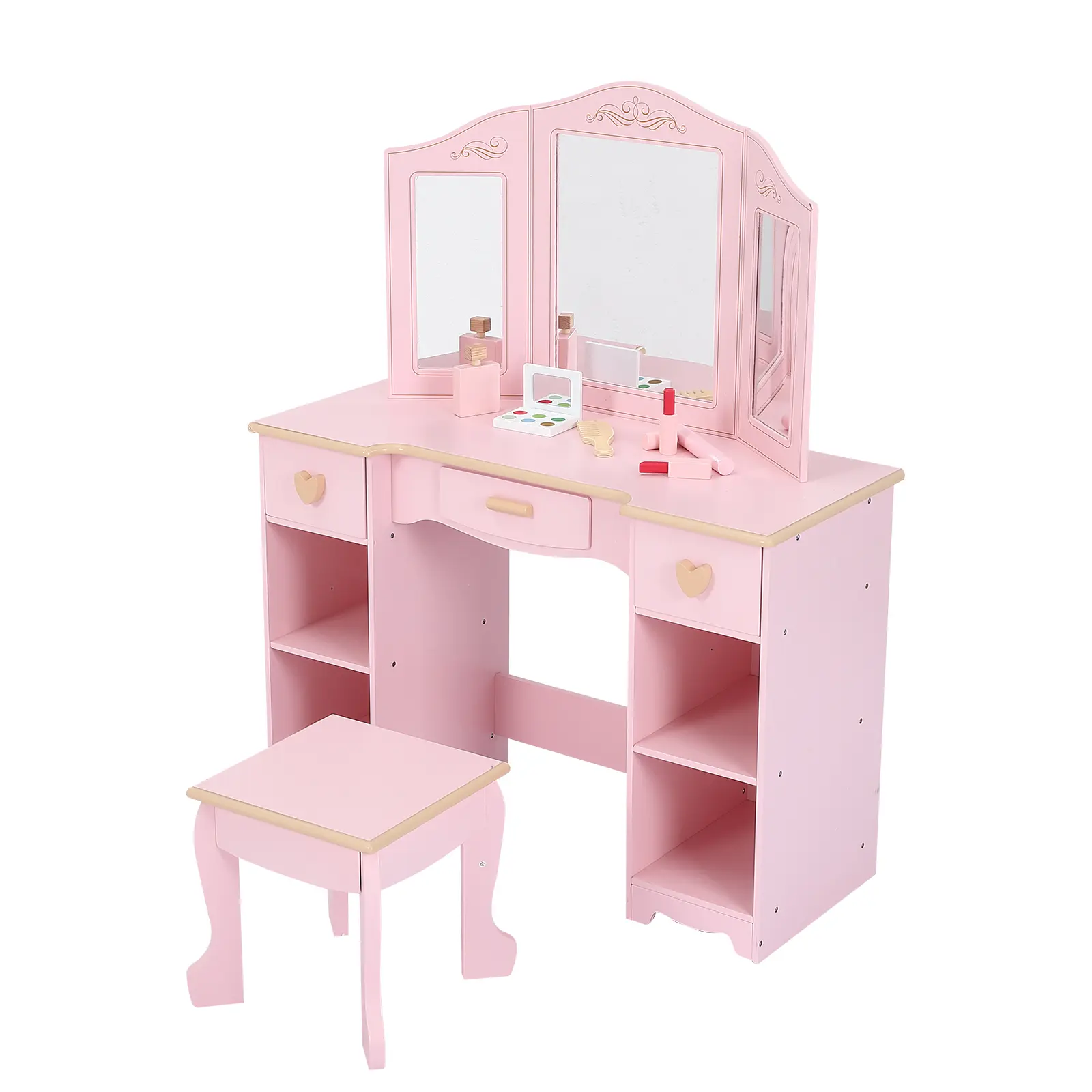 Girls Vanity Table with Tri-Fold Mirror, Wooden Princess Makeup Desk Set with 3 Drawers, Storage Shelves and Stool, Ideal for Kids Pretend Play Bedroom