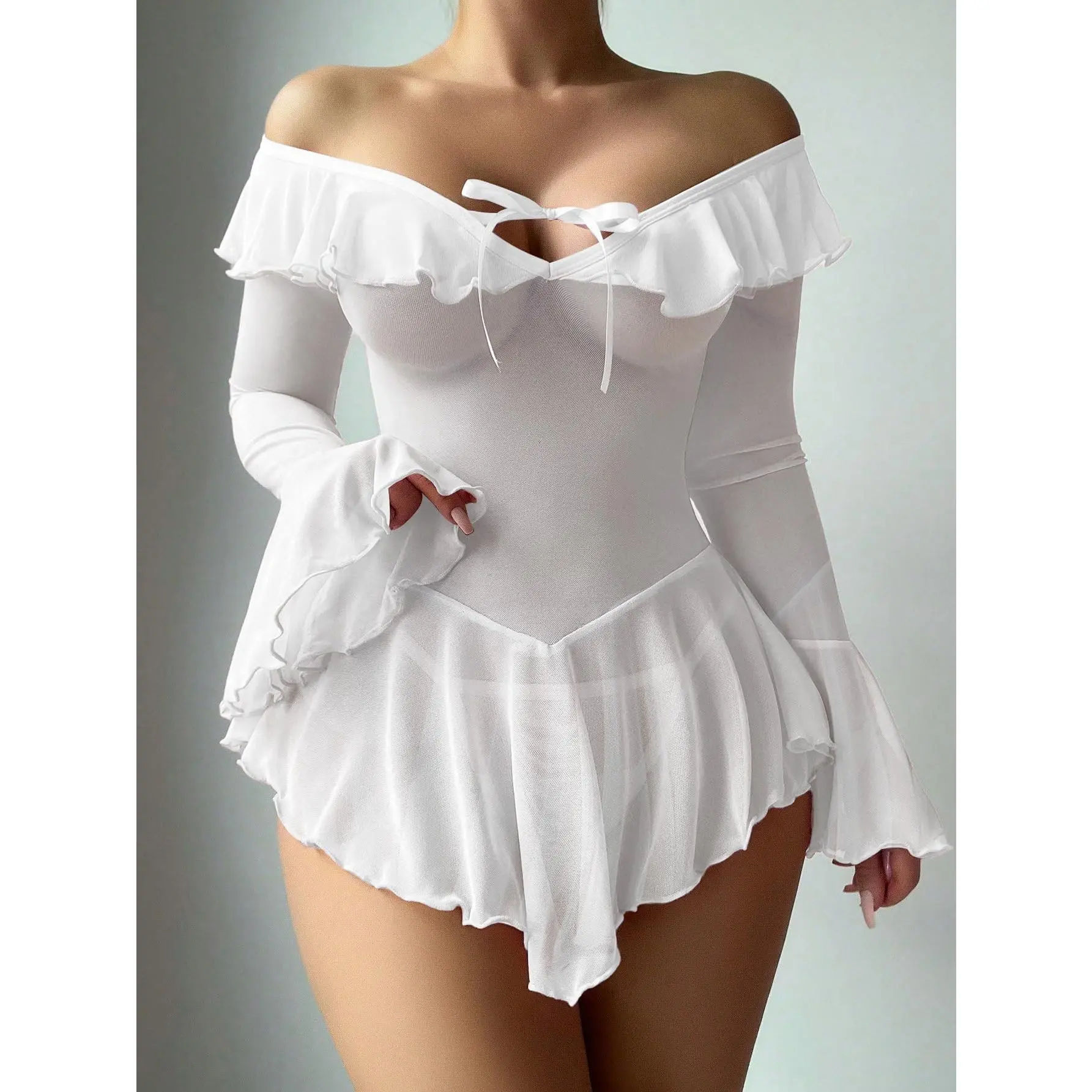Women's 2-Piece Off-Shoulder Long-Sleeve Ruffle Mesh Sheer Babydoll Lingerie Set with Thong