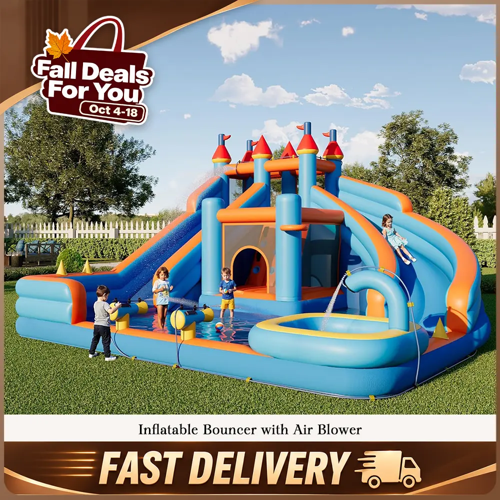 VanAcc 2-in-1 Inflatable Bounce House & Water Slide for Kids, Dry & Wet Jumper with Climbing Wall & Splash Pool, Indoor Outdoor Playset, Air Blower Included, Birthday & Holiday Gift, Off-Season Deal
