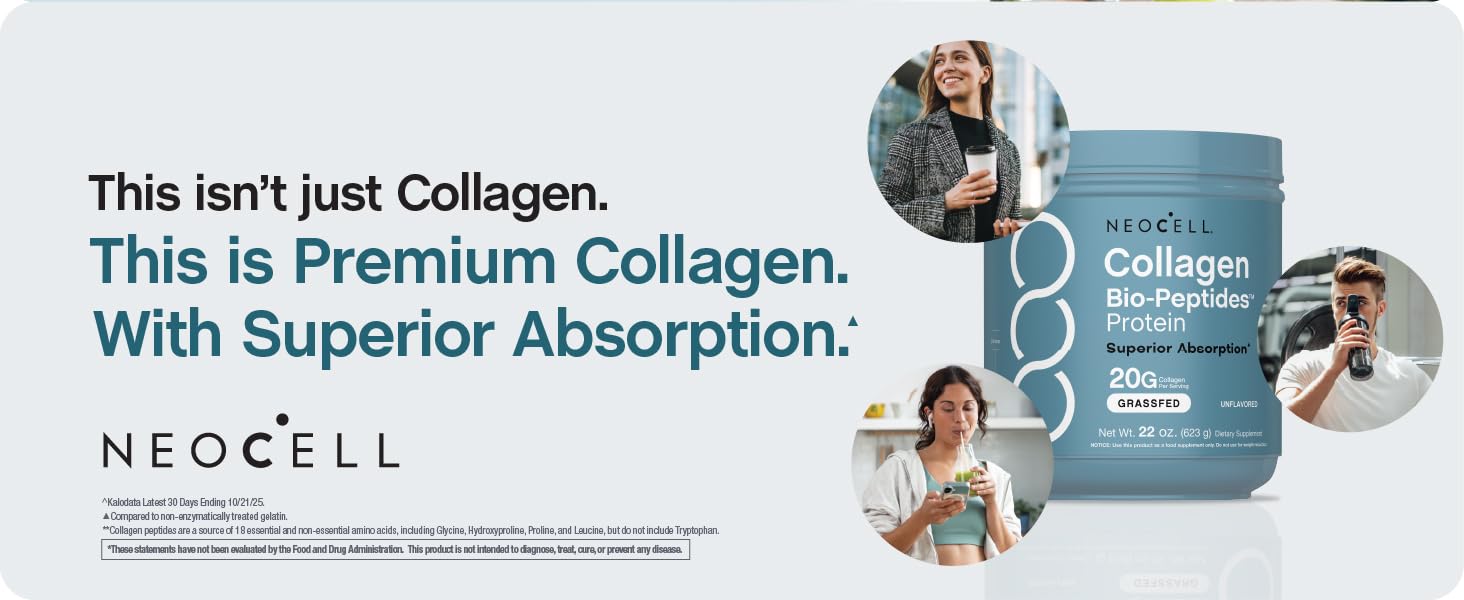 NeoCell Collagen Bio-Peptides Powder | 22oz | Super Hair, Skin, and Nails | Superior Absorption | Grassfed Protein Supplement | Advanced with 18 Essential Amino Acids