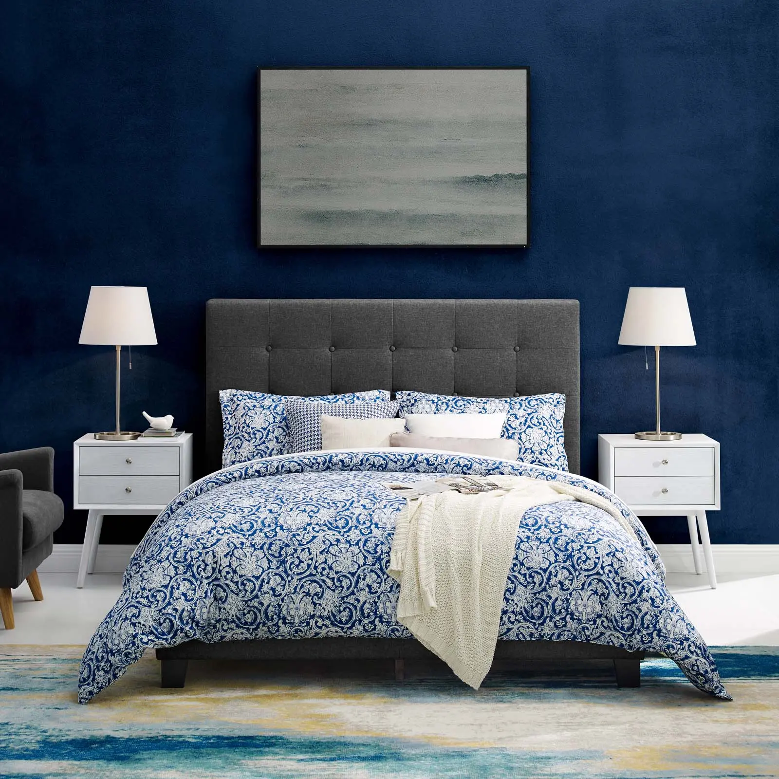 Modway Melanie Full Size Tufted Button Contemporary Upholstered Bed with Headboard, Gray Fabric Platform Bed for Bedroom Decor