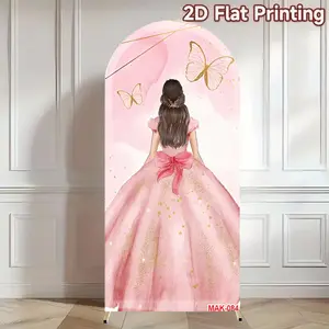 Quinceanera Pink Flower Dress Girl Birthday Party Wedding Birthday Arched Backdrop Sweet Pink Butterfly Decor Background Backdrop Stand Arch Party Decorations Banners