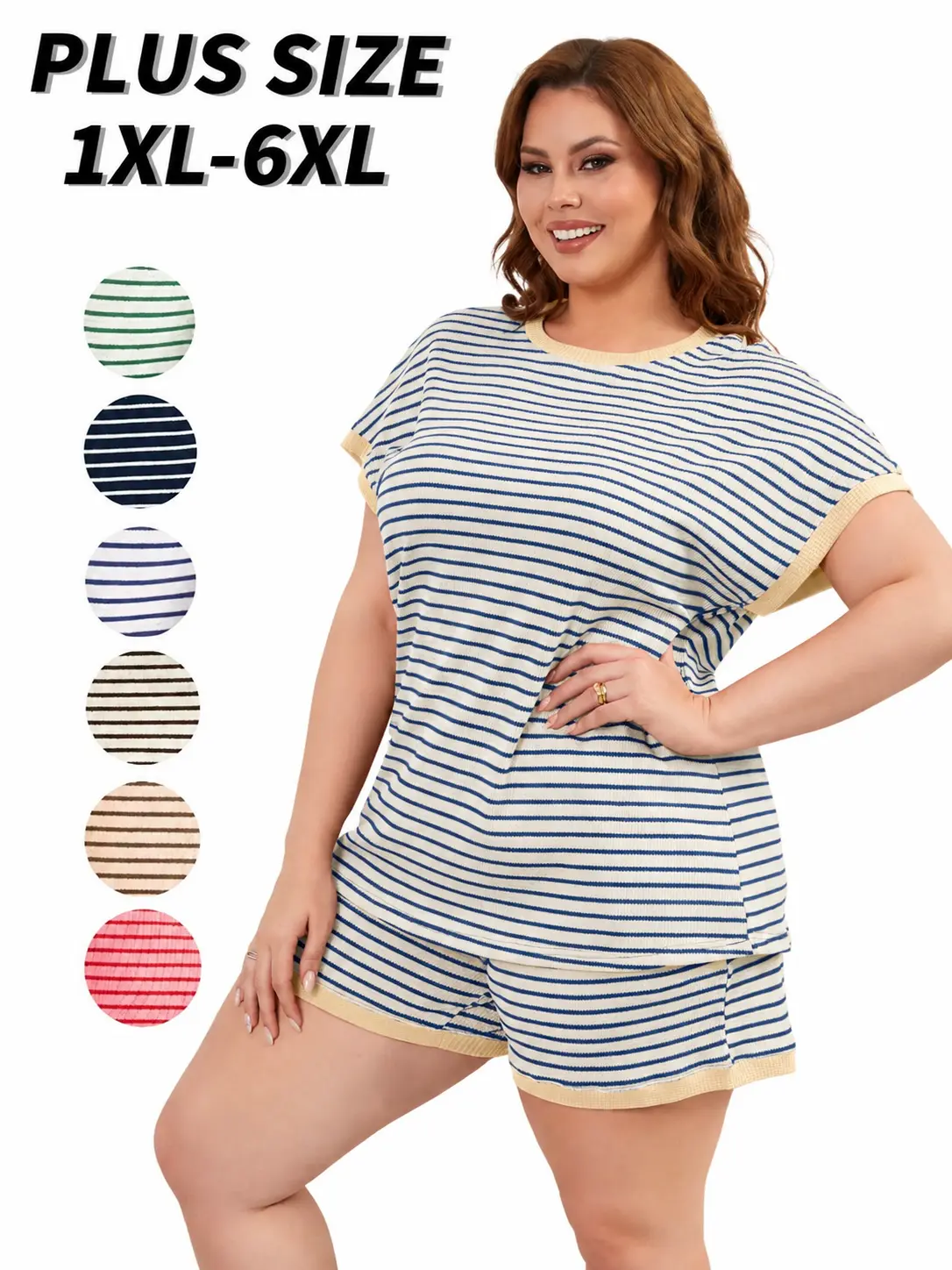 COOTRY Plus Size 2 Piece Sets for Women Summer Stripe Knit Pajamas Short Sleeve Lounge Sets Casual Comfy Matching Sets