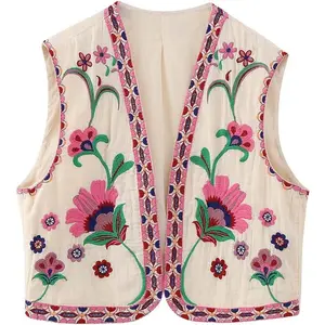 Women's Vintage Floral Embroidery Vest Casual Open Front Sleeveless Cardigan Waistcoat