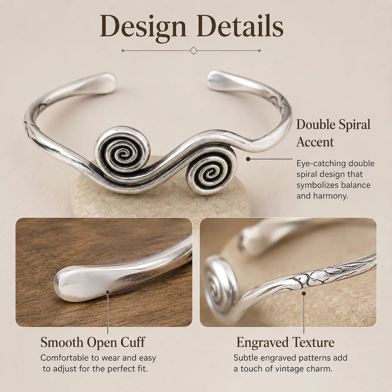 Women's Silver Vintage Double Spiral Cuff Bracelet - 5.6 cm Width, 6.7 cm Height, Engraved Texture, Sparkling, Lightweight, Comfortable, Versatile, Retro Dark Romance Jewelry for Summer Gifting, Daily Wear (Silver Sparkling Bracelets & Bangles)