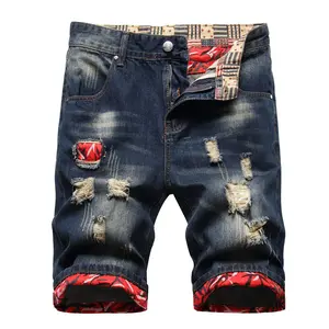 Summer Distressed Denim Mid-Length Shorts - Inner Embroidered Foldable Cuffed Hem, Vintage Straight-Leg Jeans with Contrast Color