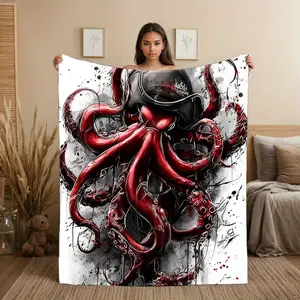 1pc Red Octopus Print Flannel Throw Blanket - Soft Cozy Black & Red Tentacle Design with Squid Ink Splash, All-Season Lightweight Bedspread for Couch, Bed, Travel - Marine-Themed Gift for s & (Machine Washable)