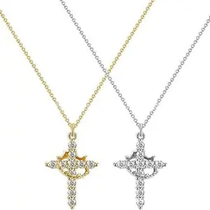 springtok Zircon necklace golden/silver crown cross necklace crown can be rotated for women daily wear gift
