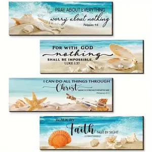 Beach Element Ornaments Set, 4 Counts/set God and Faith Theme Wooden Wall Decor, Wall Art Decor for Home Office Study Room Classroom Front Room, Poster