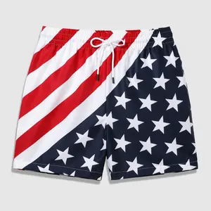 Men’s American flag swim trunks, patriotic quick-dry surfing shorts with an elastic waistband and drawstring design, star stripe print, suitable for NBA playoffs parties, backyard barbecues, pool weekends, beach trips, and vacations, featuring side pocket
