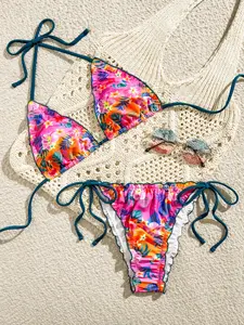 Women's New Printed Beach Casual Fashion Vacation Tie Two-Piece Bikini Swimsuit, Fitted All Seasons, All over Print Style, Floral Swimsuit, Floral Tropical Bikini