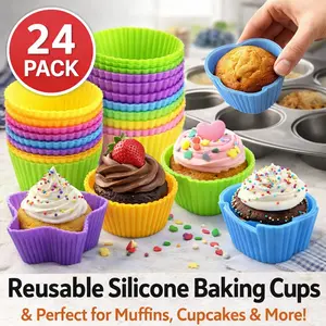 Fun Shape Silicone Cupcake Liners 24Pcs – Reusable Nonstick Baking Molds with Round, Stars, Heart, Flowers, Greaseproof Muffin Cups for Home Baking