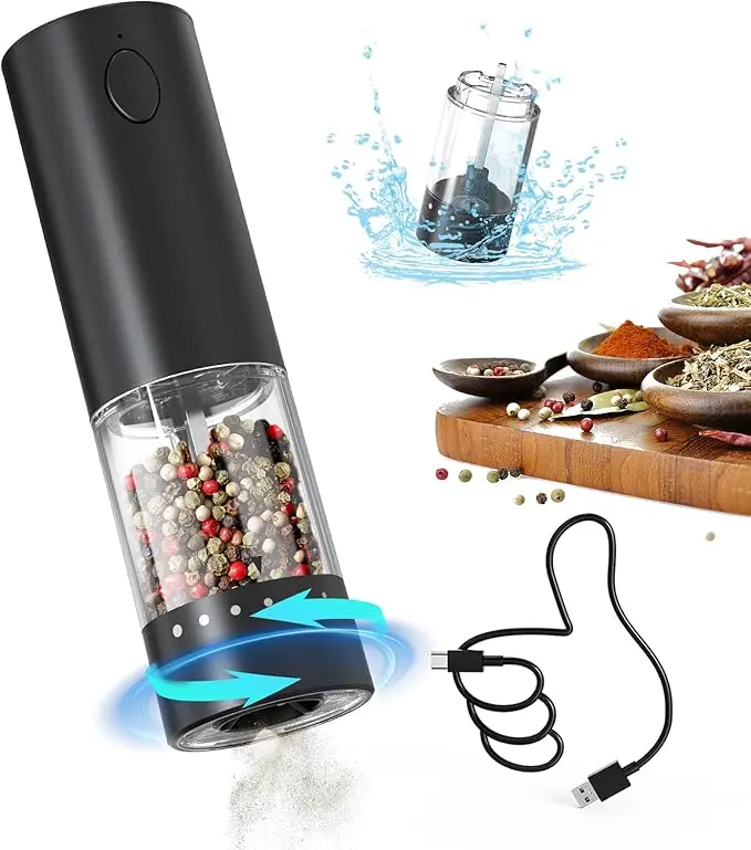 Rechargeable Electric Pepper Grinder, Salt Grinder Pepper Mill with Washable 95ml Container, White LED Light and External Adjustable Coarseness, Black, Pepper Not Included