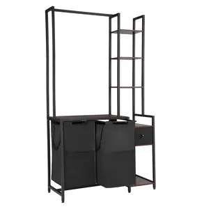 VEVOR 3 Tiers Laundry Sorter with Rack, Tall Laundry Hamper with Shelves and Drawers, 2 Section Freestanding Hanging Rack Storage with 600D Oxford Cloth Bags and Ladder Shelves for Dirty Clothes