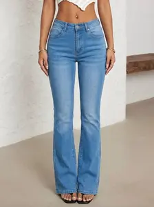 High Waisted Flare Jeans for Women, Stretchy Bootcut Denim, Slim Fit Flattering Pants, Y2K Retro Streetwear, Washed Blue Casual Trousers