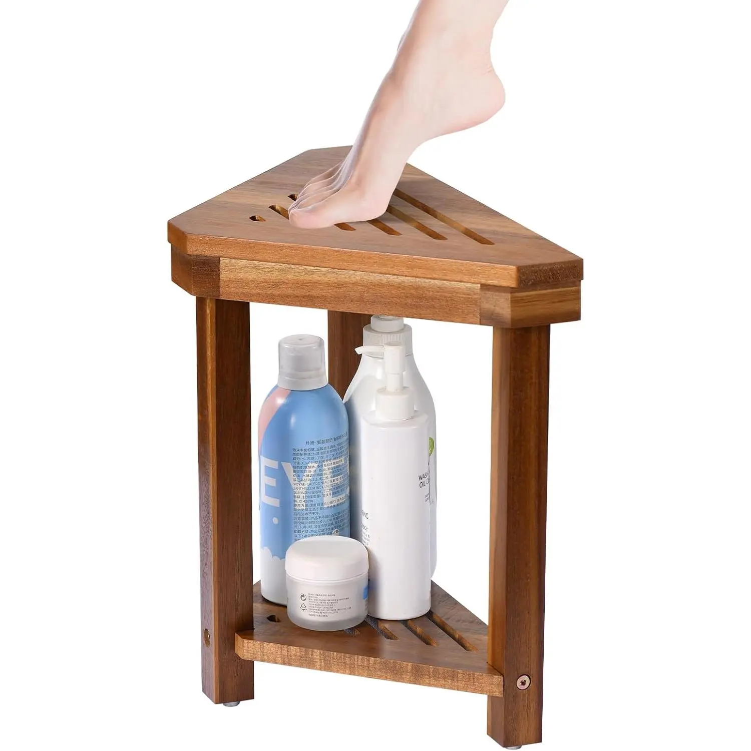 MULANGEEGLE Wooden Waterproof Corner Shower Foot Rest Stool - Non-Slip Storage Shelf Bench for Small Bathroom Spaces, Spa Shaving Bath Seat