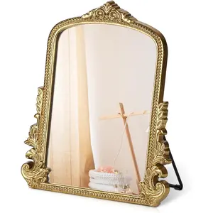 Vintage Makeup Vanity Mirror Antique Traditional Tabletop Mirror Standing Hang or Wall Mounted Adjustable Dress-up Gold Decor Mirror for Living Room Bedroom (gold, 12*9.8 in)