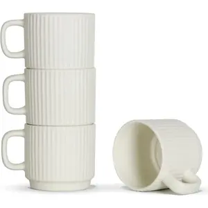 Stackable Coffee Mugs Set of 4, 7 OZ Espresso Ceramics Cups for Latte Cappuccino Cocoa with Handle, Beige