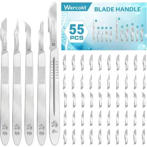55PCS Sterile Surgical Blades Kit 10#11#12#15#22 for Dermaplaning Art Carving Craft with 5 Stainless Steel Handles