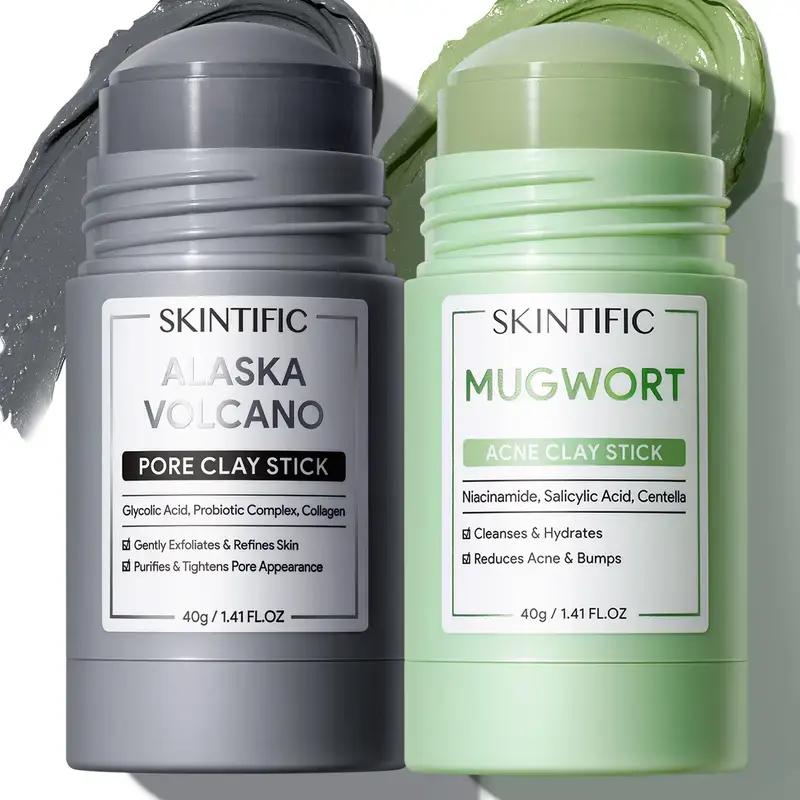 SKINTIFIC Two-Pack Clay Stick Mask: mugwort soothing cleansing, volcanic mud purifying and brightening variants. Deeply unclogs pores, controls oil without drying skin