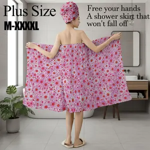 Plus Size M-XXXXL Pink Daisy Floral Print Bath Wrap Skirt & Hair Towel Set, Non-Slip Adjustable Shower Skirt for Bathroom, Spa, Bridal Shower, Summer Holiday Gift